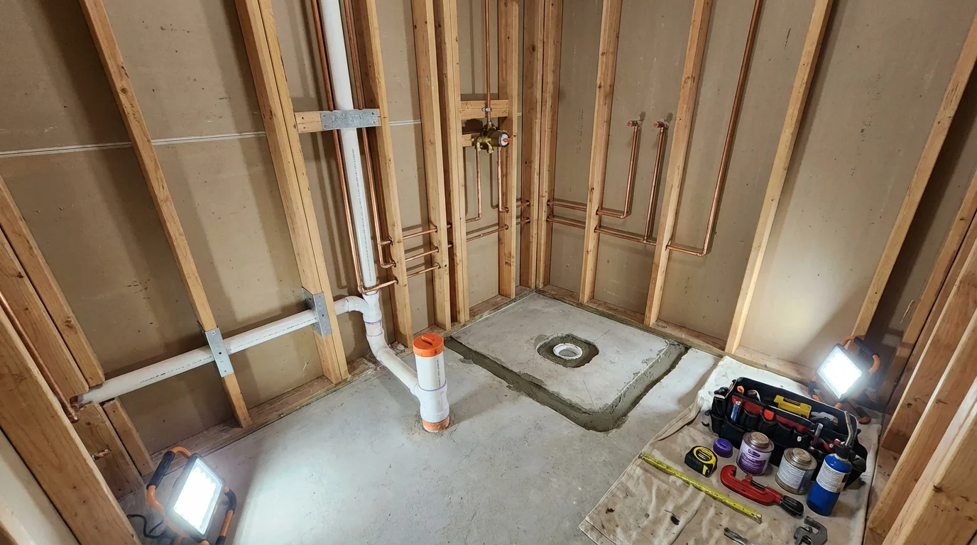 Bathroom rough-in plumbing during remodel by Johns Plumbing LLC in Lomira
