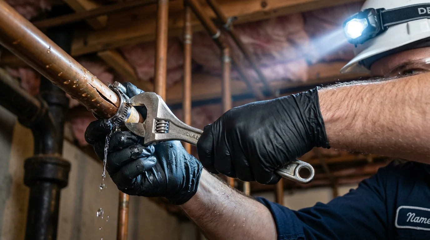 Emergency pipe clamp repair being performed by a Johns Plumbing LLC plumber in Lomira
