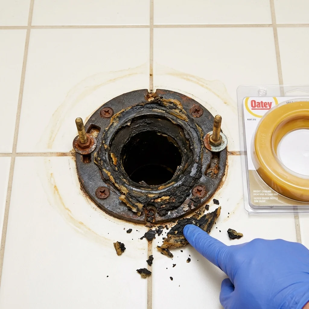 Failed wax ring showing water seepage at the base of a toilet in a Lomira, WI home