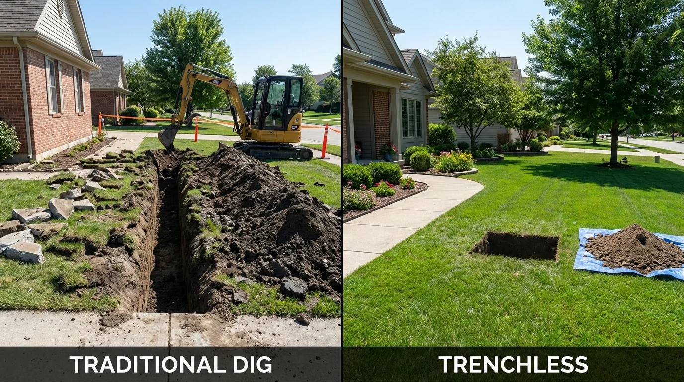 Trenchless sewer repair with minimal yard damage versus traditional excavation in Lomira, WI