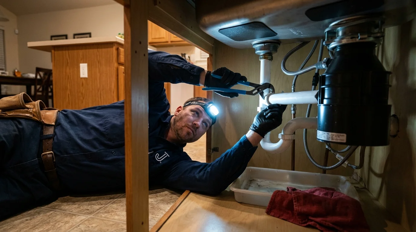 P-trap and supply line connections under a kitchen sink showing a common leak point in Lomira, WI
